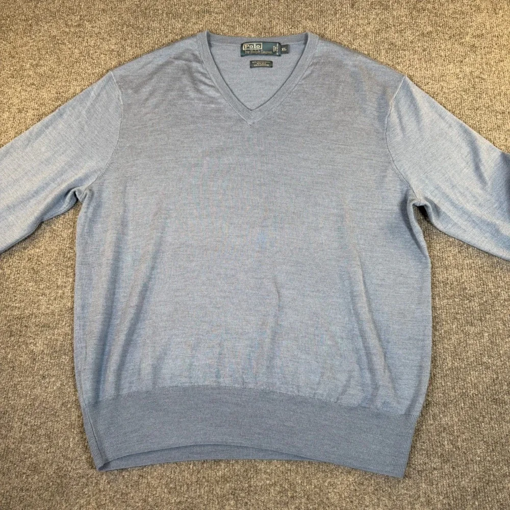 Polo Ralph Lauren Mens XL Blue Merino Wool Silk Cashmere V-Neck Sweater #3098